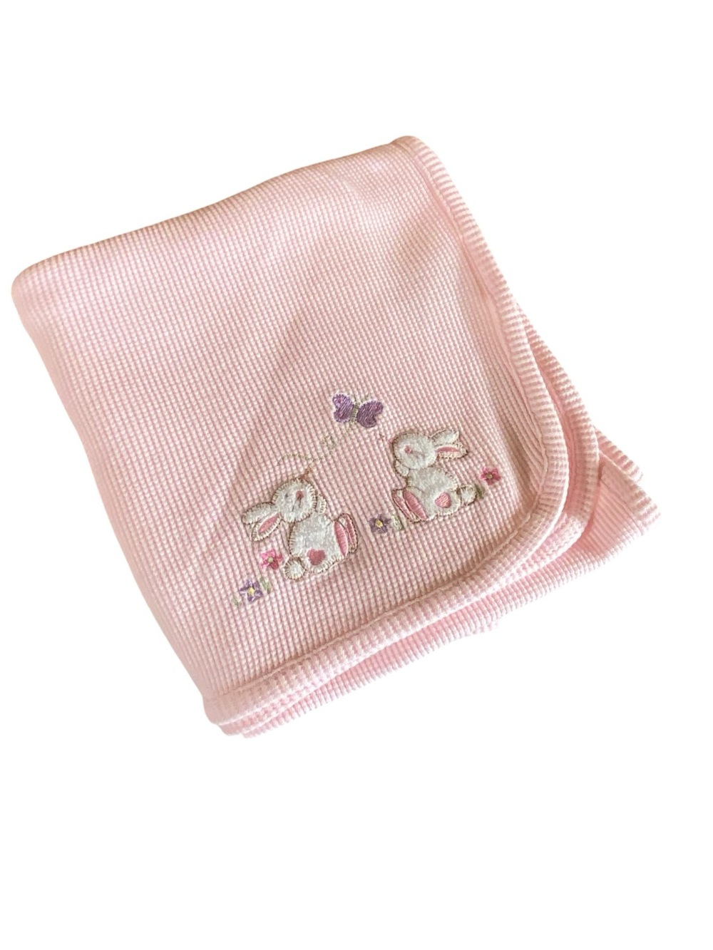 Pink Bunny Embroidered Baby Blanket Waffle Knit Newborn Swaddle Blanket